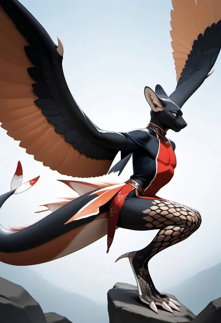 1person, Palagiri, long toes, nimble toes, handfeet, anthro, ((wing arms, large wings, no hands)), feline features, feline nose, long tail, tapering tail, feather tipped tail, digitigrade legs,
3/4 view, perfect tail, perfect wings,
Source: anime, score: 9, score: 8up,