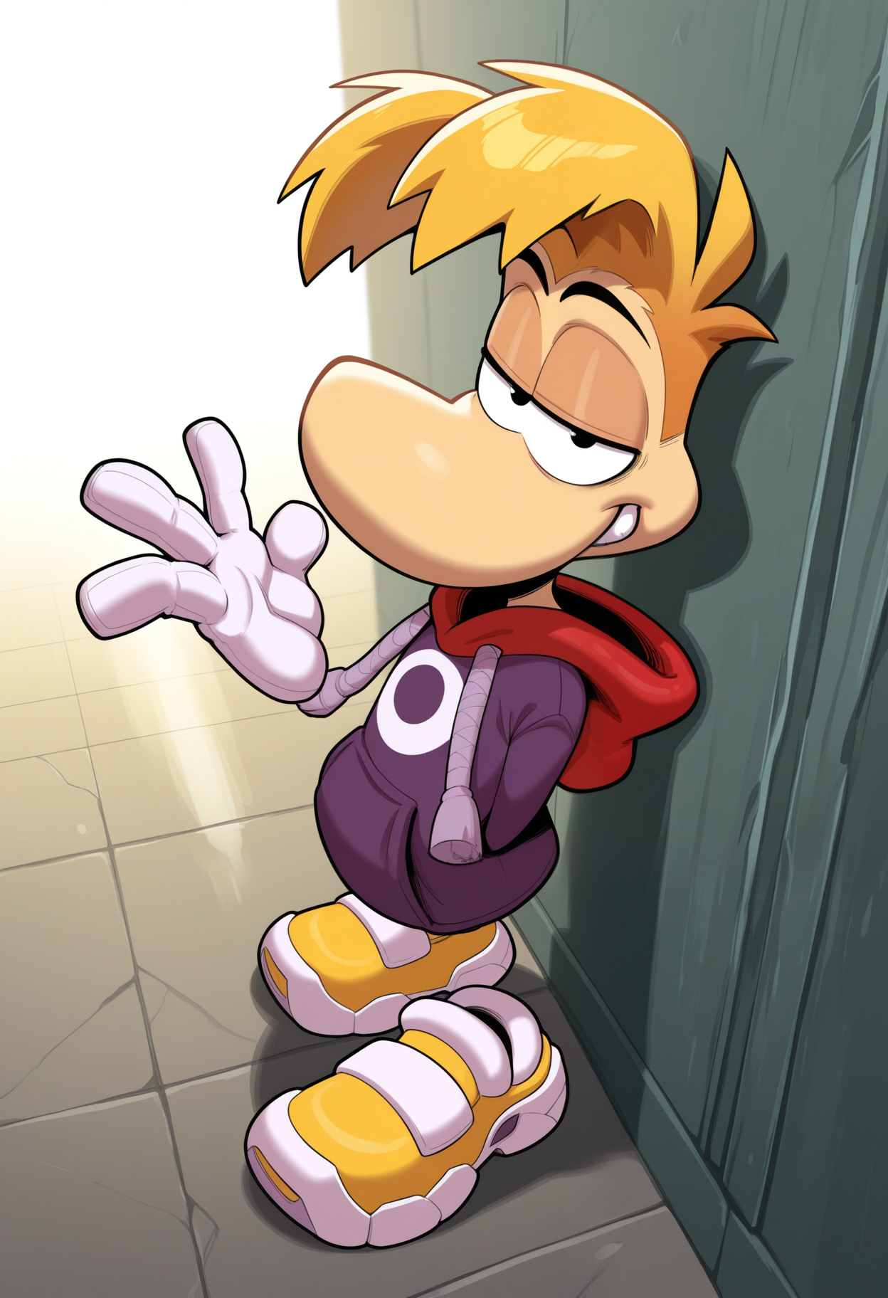 masterpiece,best quality,amazing quality, 1boy, solo, r4ym4n, furry, rayman limbs, white gloves, yellow shoes, purple hoodie, black eyes, yellow hair, full body,