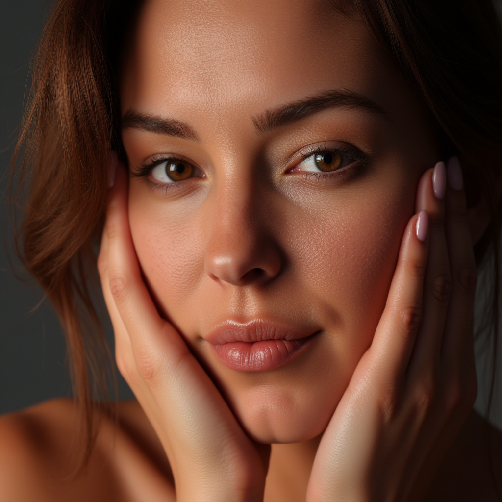 UHD, 4k, ultra detailed, cinematic, a photograph of  <lora:skin texture style v5:1>
a closeup of a woman staring at camera with her hands on her face, perfect skin, detailed skin pore, realism style, perfect image, perfect body, perfect anatomy, sharp image, detailed image, high quality photography, skin texture style, solo, looking at viewer, smile, brown hair, closed mouth, brown eyes, eyelashes, lips, portrait, close-up, nose, photorealistic, bright light on face, perfect skin pore style, epic, beautiful lighting, inpsiring