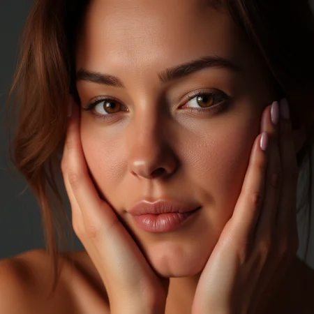 UHD, 4k, ultra detailed, cinematic, a photograph of <lora:skin texture style v5:1>
a closeup of a woman staring at camera with her hands on her face, perfect skin, detailed skin pore, realism style, perfect image, perfect body, perfect anatomy, sharp image, detailed image, high quality photography, skin texture style, solo, looking at viewer, smile, brown hair, closed mouth, brown eyes, eyelashes, lips, portrait, close-up, nose, photorealistic, bright light on face, perfect skin pore style, epic, beautiful lighting, inpsiring