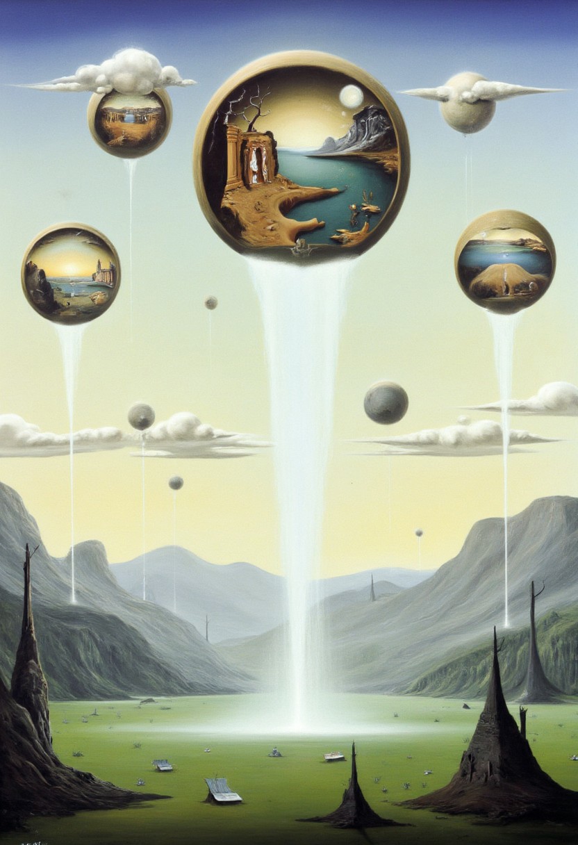 A Surr3@l, landscape with floating orbs in the sky, each orb containing a different miniature landscape inside. The main landscape is an ethereal, dreamlike space with soft, pastel-colored clouds, shimmering mist, and distant mountains with unusual formations. The floating orbs reflect a variety of environments, including a lush forest, a desert with swirling sands, a futuristic cityscape, and an underwater scene. The overall atmosphere feels otherworldly and mystical, with delicate lighting casting long, soft shadows across the scene.