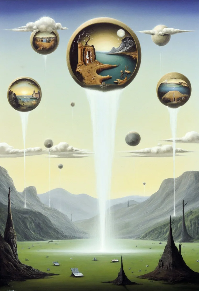 A Surr3@l, landscape with floating orbs in the sky, each orb containing a different miniature landscape inside. The main landscape is an ethereal, dreamlike space with soft, pastel-colored clouds, shimmering mist, and distant mountains with unusual formations. The floating orbs reflect a variety of environments, including a lush forest, a desert with swirling sands, a futuristic cityscape, and an underwater scene. The overall atmosphere feels otherworldly and mystical, with delicate lighting casting long, soft shadows across the scene.