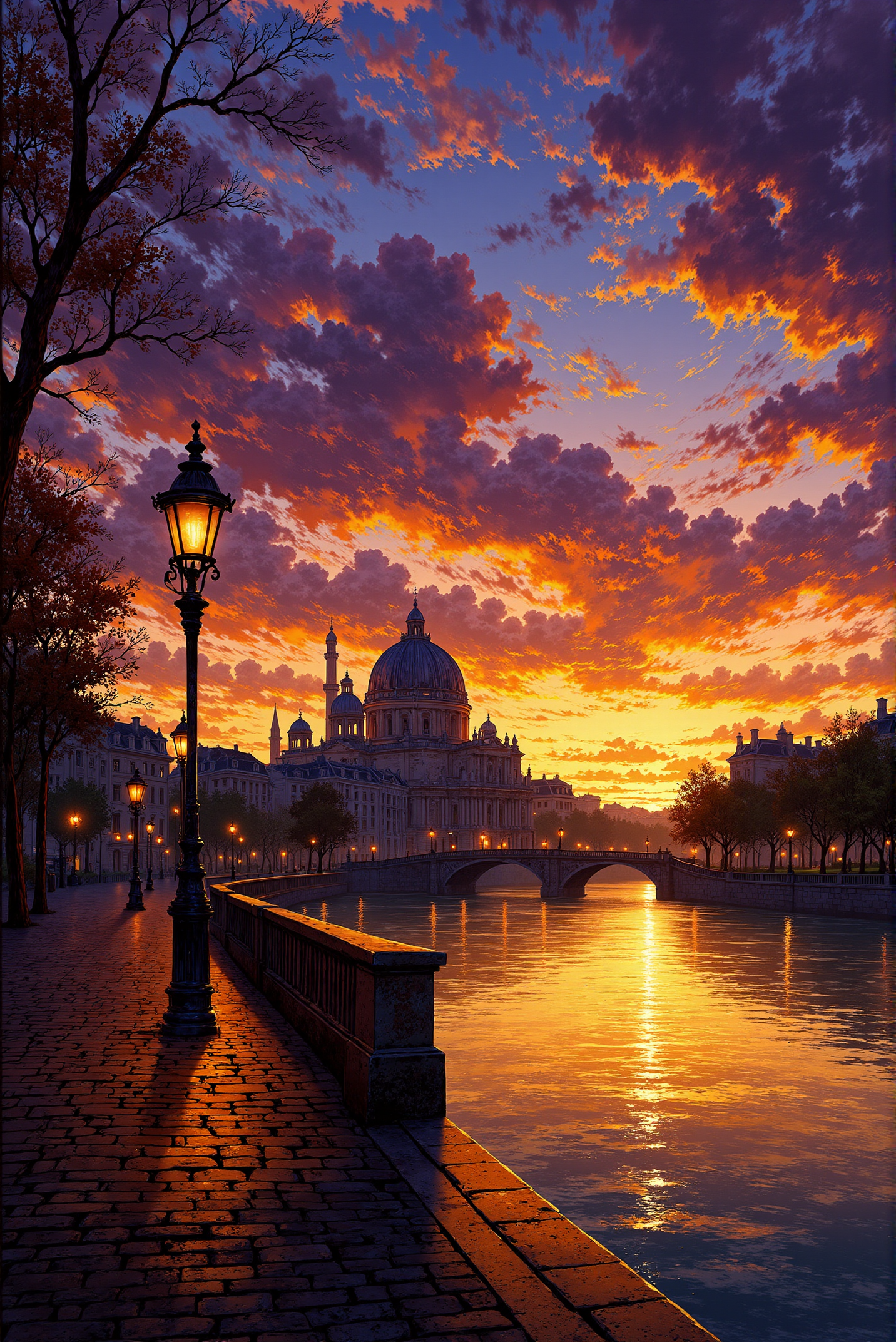 <lora:Vibrantly_sharp_style_v.3:0.8> VibrantlySharp style. A breathtaking cityscape capturing the essence of old-world European charm as twilight settles over a tranquil canal. The sky, a masterpiece of swirling cumulus and altostratus clouds, blends warm hues of orange, lavender, and deep violet, reflecting the last embers of daylight. Ornate street lamps, their wrought-iron structures glistening in the soft glow of flickering amber lights, cast elongated shadows onto the cobblestone promenade. The rippling water mirrors the fiery sky, transforming the canal into a liquid sunset where golden reflections dance across its surface. Majestic domed cathedrals and classical architecture line the water's edge, their intricate facades bathed in the warm glow of evening illumination. The brushwork, reminiscent of Romantic realism with a touch of Ghibli-inspired nostalgia, creates an atmosphere of timeless elegance, evoking the serenity of a city lost in the magic of twilight.