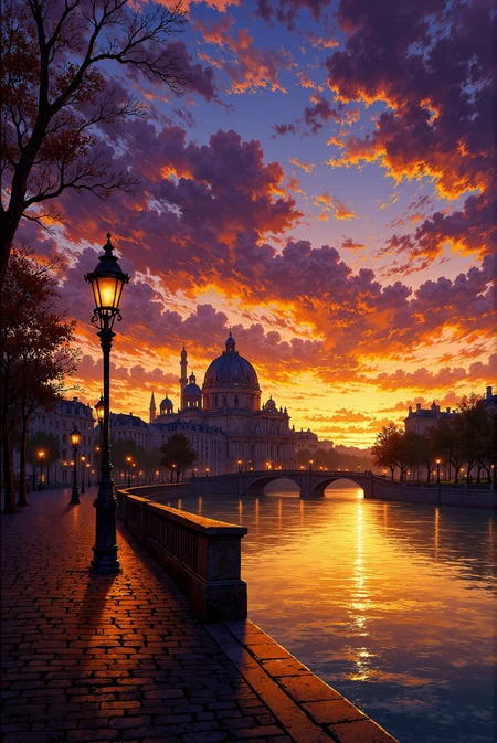 <lora:Vibrantly_sharp_style_v.3:0.8> VibrantlySharp style. A breathtaking cityscape capturing the essence of old-world European charm as twilight settles over a tranquil canal. The sky, a masterpiece of swirling cumulus and altostratus clouds, blends warm hues of orange, lavender, and deep violet, reflecting the last embers of daylight. Ornate street lamps, their wrought-iron structures glistening in the soft glow of flickering amber lights, cast elongated shadows onto the cobblestone promenade. The rippling water mirrors the fiery sky, transforming the canal into a liquid sunset where golden reflections dance across its surface. Majestic domed cathedrals and classical architecture line the water's edge, their intricate facades bathed in the warm glow of evening illumination. The brushwork, reminiscent of Romantic realism with a touch of Ghibli-inspired nostalgia, creates an atmosphere of timeless elegance, evoking the serenity of a city lost in the magic of twilight.