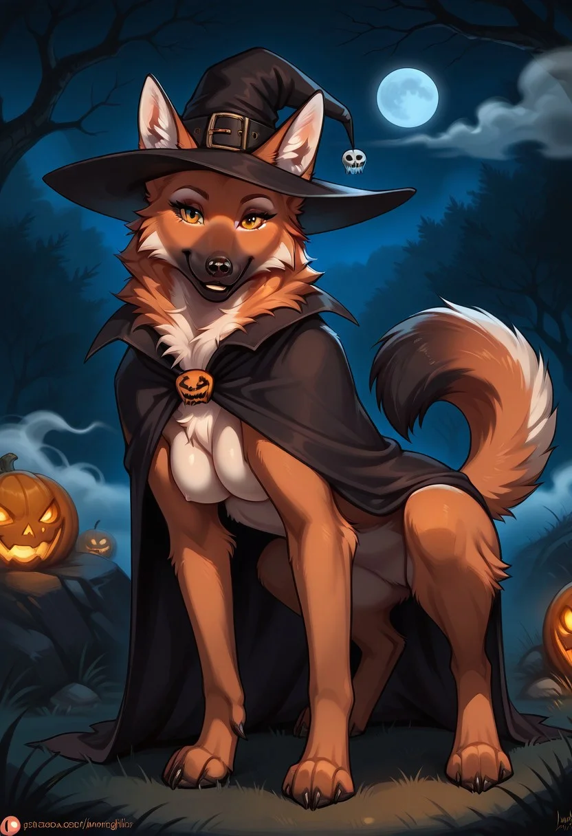score_9, score_8_up, score_7_up, reallynxgirl_style, halloween, a feral female maned wolf wearing a witch costume, cape, hat, headgear, solo, female, feral, fur, quadruped, maned wolf, seductive, looking at viewer, tail, paws, spooky, night, fog, [best quality, shaded, extreme detail, highly detailed, ultradetailed, intricate, realistic], detailed background, by reallynxgirl,