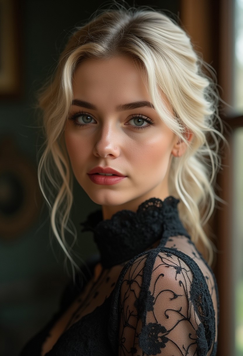 A hyper-realistic portrait of a young woman with delicate facial features, captured in soft, warm lighting. She has smooth, flawless skin with a subtle glow, and her makeup emphasizes her natural beauty with defined eyes and soft red lips. Her blonde hair is elegantly styled, pulled back with loose curls framing her face. She wears intricate black lace clothing, with delicate patterns and a high collar, adding a touch of gothic elegance. The background is blurred, focusing entirely on her serene expression and the details of her attire.