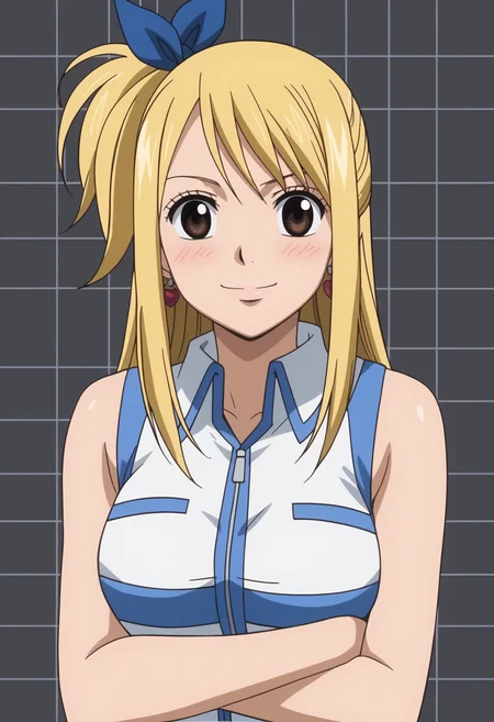 score_9, score_8_up, score_7_up, anime screencap, BREAK, 1girl, solo, <lora:DX888Lucy:1> lucy heartfilia, brown eyes, one side up, blue ribbon, sleveless shirt, earrings, BREAK smile, blush, Frowning, arms crossed dark gray background, simple background, grid background,