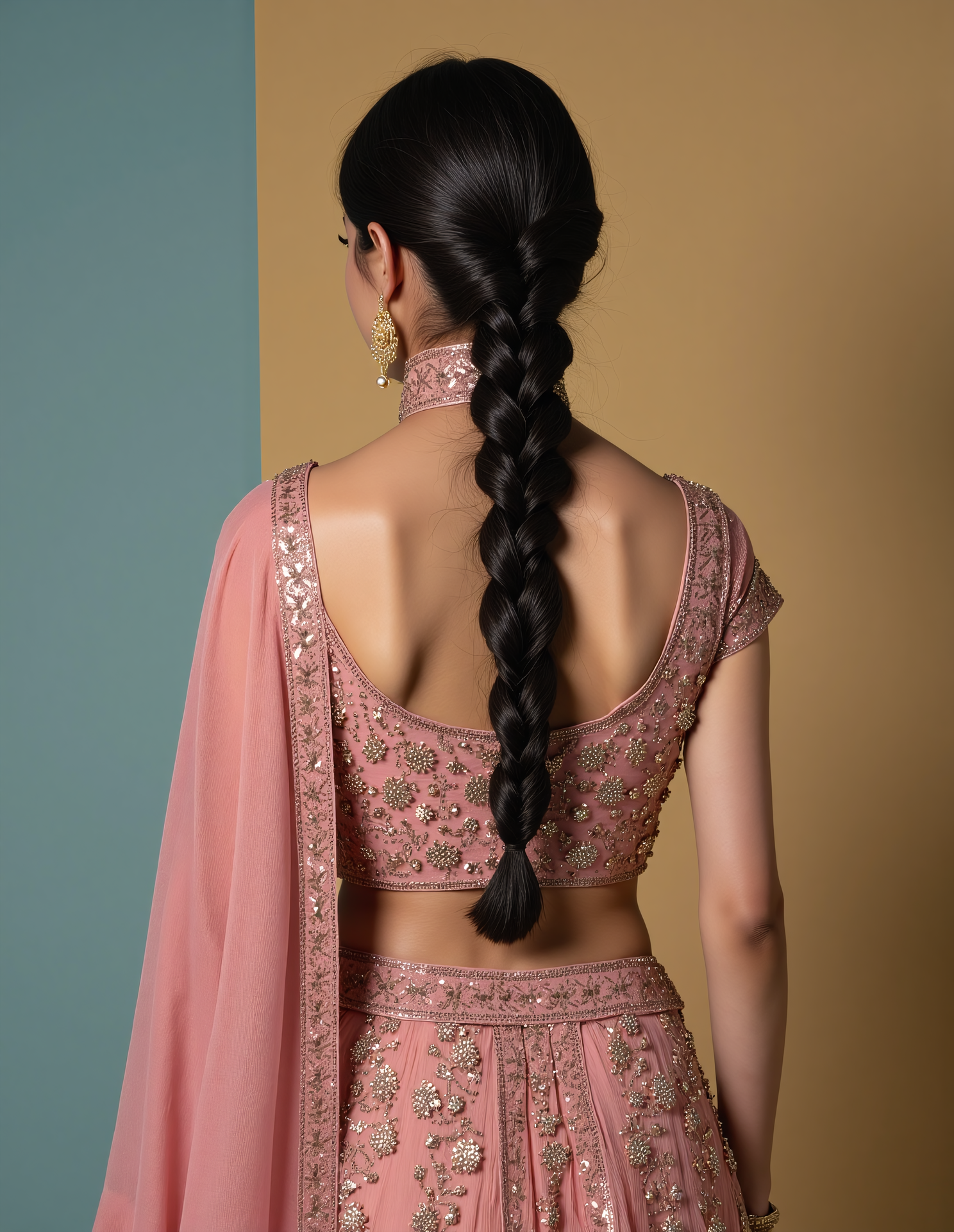 from behind,looking back photo of a pretty woman with a d351 l1ght skintone, hyper realistic photo that is safe for work, serious, studio quality image with natural colors, well dressed wearing intricate turtleneck Rose Quartz Rajasthani Lehenga, hair styled as  french plait,muted pastel shaded multicolored background that contrasts with the person, cinematic lighting,âââââ   <lora:D351_L1ght_Desi_Latte_Flux_Kohya_V3:0.8>âââ