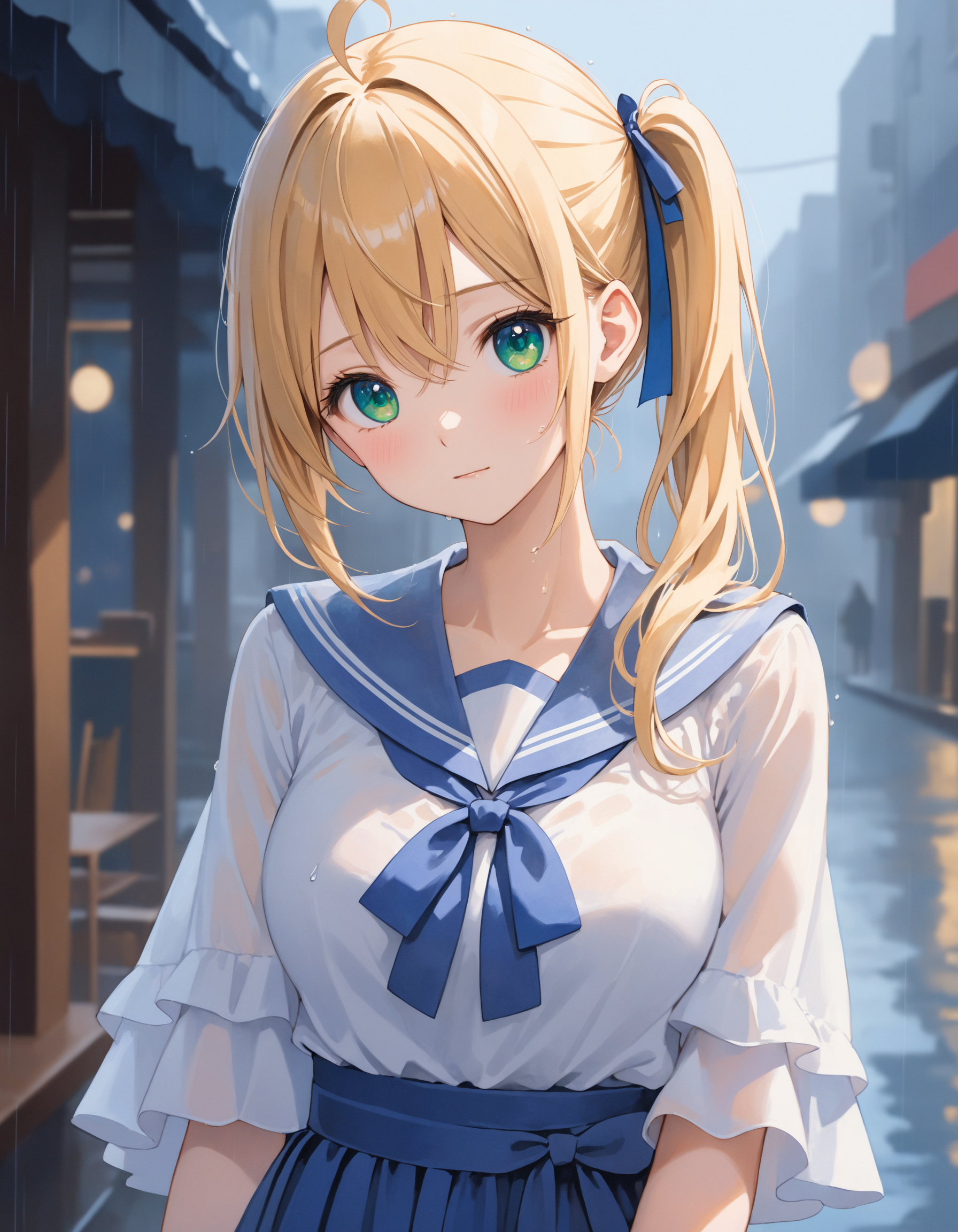 SceneOverview: A girl taking shelter from the rain.
SceneDescription:
  - Composition: Upper body shot. Cinematic angle.
  - Subject: A cute girl.
    - Characteristics:
      - Face: (Cute round face:1.2).
      - Eyes: Detailed green eyes.
      - Hair: Medium hair, (side ponytail:1.05), blonde hair, ahoge and hair between eyes.
      - Body: Detailed slender body. Large breasts.
      - Clothing: White blouse. Pale saxe-blue sailor collar with ribbon. Long flutter sleeves. Layered ruffled long skirt. Ribbon waist.
        - Elements: Wet hair. Wet body. Wet dress.
      - Expression: Embarrassed expression. Red cheek.
      - Posing: (Contrapposto:1.2). (Head tilt:1.1). Looking at viewer.
  - Background: Fashionable cafe street.
Time: Daytime.
Weather: Rain.
Condition: Rainy day.
Lighting: (Blue hour light:1.4).
ArtStyle: Watercolor. Traditional media. Blurry. Pale pastel colors.
Quality: Intricate details. Extremely detailed. Outstanding intricacies. (Masterpiece:1.2). (Best quality:1.2). (Absurdres absolutely resolution:1.4).
Mood: Serene atmosphere.