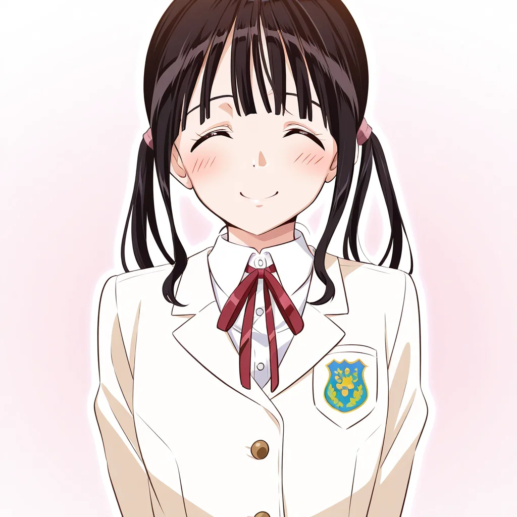 score_9, score_8_up, score_7_up, source_anime,(extremely detailed CG), (best quality), 1girl, solo, closed eyes, brown hair, smile, long hair, school uniform, blush, simple background, ^ ^, upper body,
,kaede,twin tails,
<lora:ss-brain:0.9>