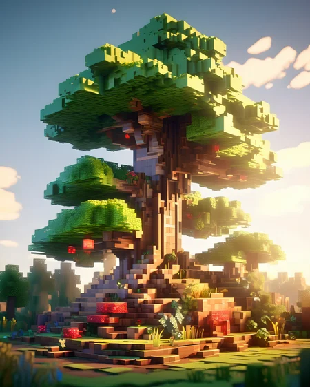 Blocky and pixelated aesthetic,pixel art,4k,realistic,game CG rendering,nature light,shadows,minecraft,<lora:minecraft:1>,
tree,