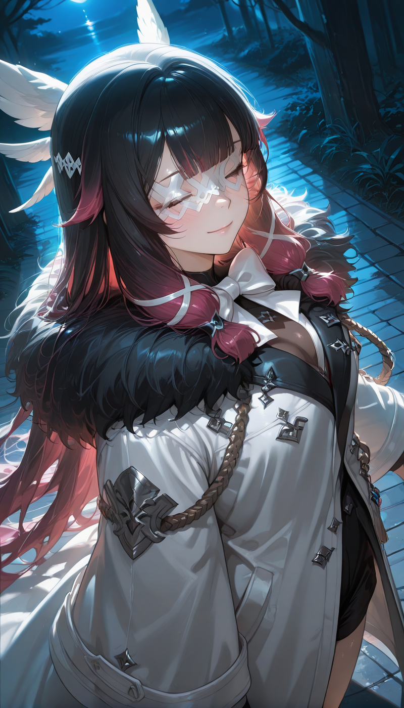 <lora:LCMTurboMix_Euler_A_fix:1> <lora:example_SDXL:0.3>, EZRealPONYXL, <lora:Dramatic Lighting Slider:3>
DSLR,realistic,cosplay photo, (very awa,masterpiece,best quality,year 2024,newest,absurdres,highres:1), realistic,skin texture,facial features, photography shot with Canon EOS 5D Mark IV , realistic, RAW, best quality, masterpiece, amazing quality, skin details,
1girl, highly detailed beautiful face, large natural breasts,
detailed background, shiny skin, dutch angle, night, moonlight,
beautiful detailed eyes, intricate details, absurdres, anime screencap,
 <lora:Columbina_Genshin_ILXL_kill0825:1>
GSColumbina, long hair, breasts, black hair, hair ornament, medium breasts, closed eyes, pink hair, purple hair, multicolored hair, sidelocks, red hair, small breasts, wings,  blunt bangs, two-tone hair, streaked hair, gradient hair, x hair ornament, head wings, tress ribbon, wing hair ornament, eye mask, white mask, hair ribbon, white ribbon, hair flaps, very long hair, 
bow, ribbon, jacket, bowtie, coat, fur trim, white bow, fur-trimmed coat, white bowtie, aiguillette, white coat, long coat, two-tone coat, wide sleeves, bandages, wrist bow, black fur trim, overfit coat, close coat,
cowboy shot, looking at viewer, smile, blush, dynamic pose, from above,