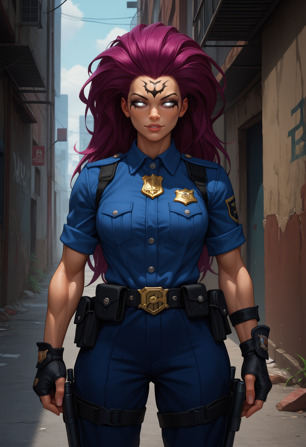 score_9, score_8_up,score_7_up, source_anime, 1girl, solo, <lora:Drksdfry_pdxl_EliPot:1> drksdfry, long hair, glowing eyes, white eyes, no pupils, purple hair, toned, muscular, muscular female, facial mark,
badge, baton \(weapon\), uniform, radio, policewoman, alley, 
Half-lidded eyes, sly smile, slightly parted lips, head tilted, fingers lightly touching lips,