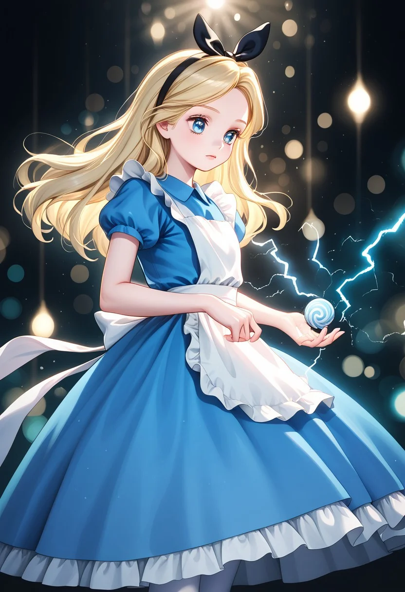 AliceWaifu, blue eyes, blue dress, white pantyhose, apron, black hairband, blonde, electricity, intricate background, bokeh, inspiring, moody lights, neoclassical art style, made from magic, soft pastel candy meadow in background,