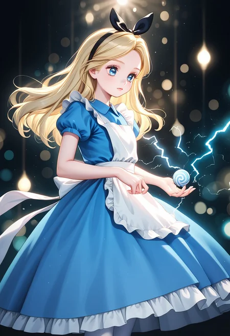 AliceWaifu, blue eyes, blue dress, white pantyhose, apron, black hairband, blonde, electricity, intricate background, bokeh, inspiring, moody lights, neoclassical art style, made from magic, soft pastel candy meadow in background,
