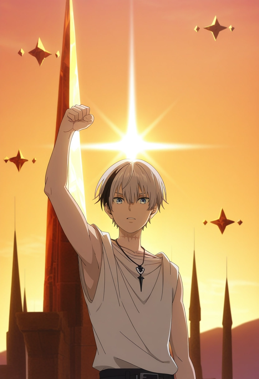 masterpiece, best quality, , anime screencap, anime coloring, official style, looking at viewer, 1boy, solo, male focus, <lora:polka_shinoyama_ilxl:0.92>, polka_shinoyama, grey hair, blue eyes, two-tone hair, multicolored hair, black hair, short hair, hair between eyes, streaked hair, bangs, scar, white shirt, sleeveless, necklace, crystal spire, geometric patterns, light beams, floating platforms, climbing pose, determined expression, morning,