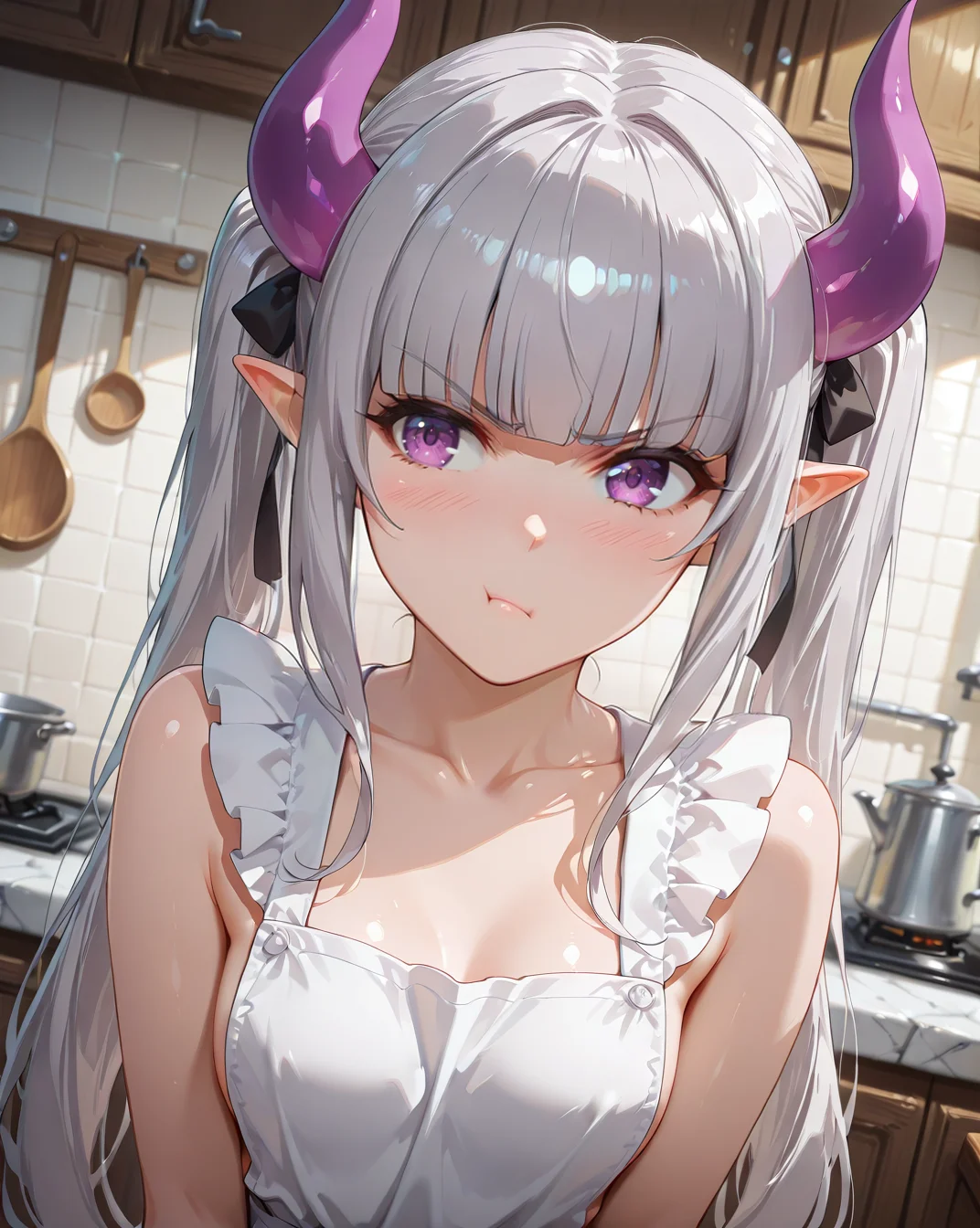 masterpiece,best quality,very aesthetic,semi-realistic,
shiny skin,
BREAK
indoors,kitchen,
BREAK
shelia,1girl,solo,horns,grey hair,small_breasts,blunt bangs,bangs,long_hair,purple eyes,pointy_ears,twintails,
naked apron,
pout,:t,
<lora:Shelia_Illustrious:1>,cinematic_angle,