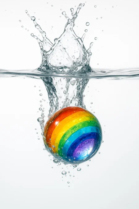 a glass marble with rainbow inside falling into water