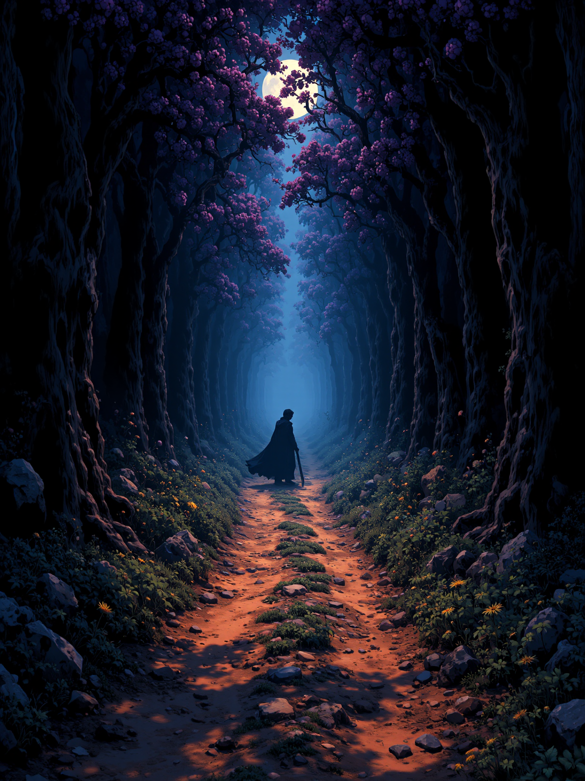 graphic novel digital illustration. emotional. vivid colors.

stretching ahead is a meandering (bright brown dirt) path through a dark forest. dappled moonlight occasionally forces its way through the towering trees on each side of the narrow path. the path eventually fades into the mist beyond. (coming out of the foreboding mist is the ominous silhouette of a solo human figure holding a sword). (the gnarled trees are laden with ((purple berries))). the underbrush at the side of the path has yellow daisies