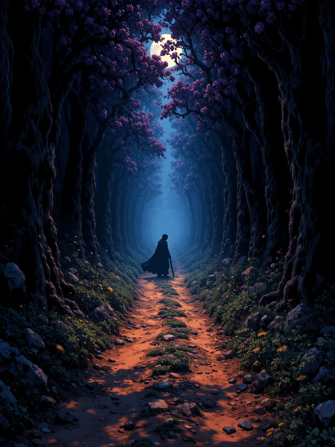 graphic novel digital illustration. emotional. vivid colors.
stretching ahead is a meandering (bright brown dirt) path through a dark forest. dappled moonlight occasionally forces its way through the towering trees on each side of the narrow path. the path eventually fades into the mist beyond. (coming out of the foreboding mist is the ominous silhouette of a solo human figure holding a sword). (the gnarled trees are laden with ((purple berries))). the underbrush at the side of the path has yellow daisies