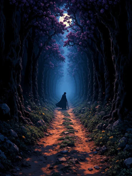 graphic novel digital illustration. emotional. vivid colors.
stretching ahead is a meandering (bright brown dirt) path through a dark forest. dappled moonlight occasionally forces its way through the towering trees on each side of the narrow path. the path eventually fades into the mist beyond. (coming out of the foreboding mist is the ominous silhouette of a solo human figure holding a sword). (the gnarled trees are laden with ((purple berries))). the underbrush at the side of the path has yellow daisies