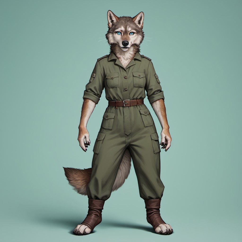 score_9, score_8_up, score_7_up, source_furry, detailed face, detailed eyes, incredible detail BREAK 1girl, solo, anthro, wide shot (furry female, wolf, light brown fur, monotone fur, light blue eyes,slightly wide hips, small breasts), black nose, whiskers, ear flop, solo, looking at viewer, simple background, green background, full body, hunter outfit, archer outfit