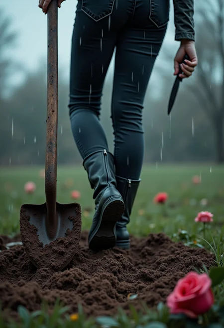 A pretty woman with black boots and dark jeans having one foot on a shovel head as she shoves it in a dirt grave. Knife in the other hand. A dress shoe is sticking out from the grave. Wilted roses on the grave. Rain is falling from the sky, gloomy day, horror, scary, photograph, cinematic, high quality, detailed, realistic