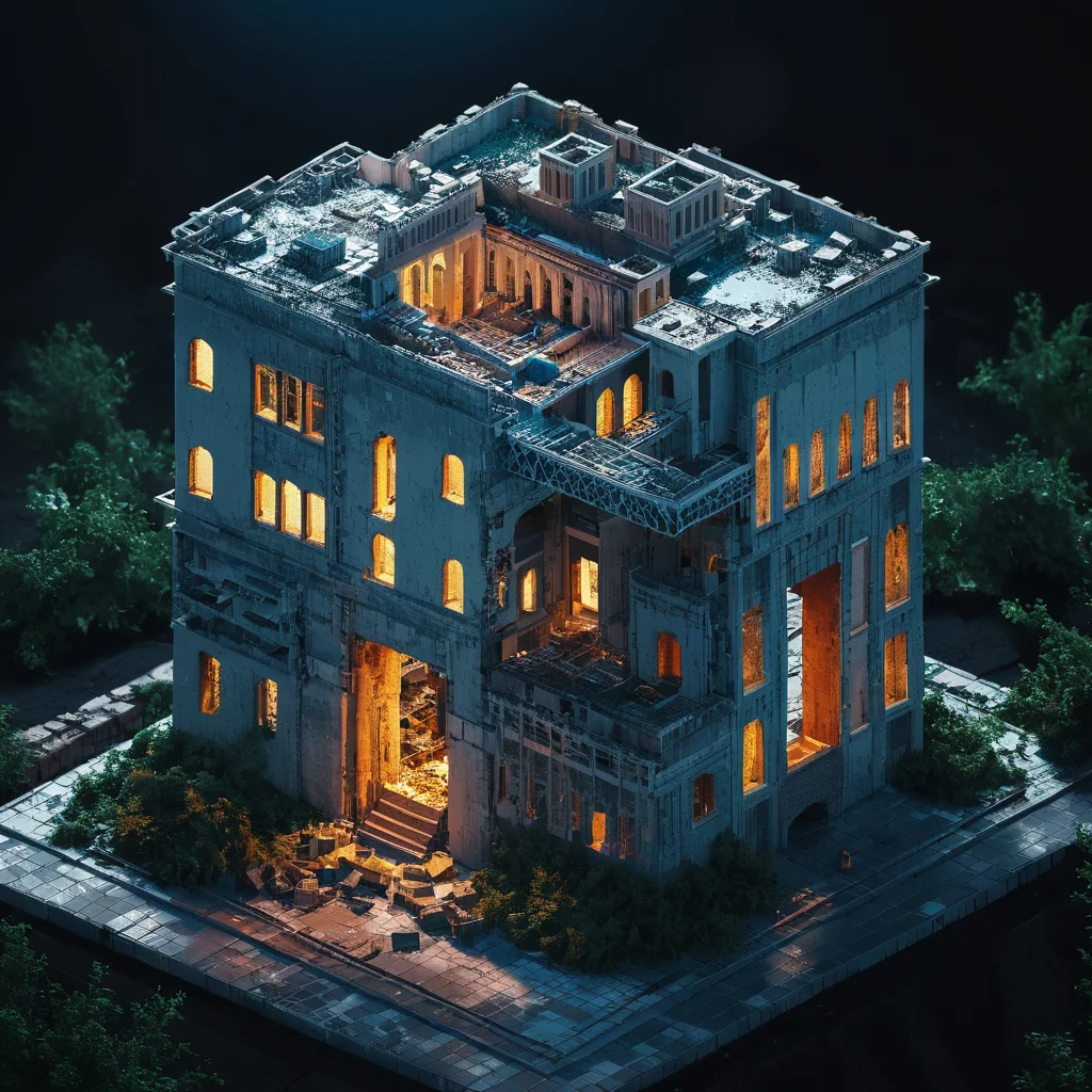 breathtaking cinematic photo isometric style destroyed building, tilemapstyle, voxell, scenery, realistic,<lora:TileMapStyle_v1:0.85> . vibrant, beautiful, crisp, detailed, ultra detailed, intricate . 35mm photograph, film, bokeh, professional, 4k, highly detailed . award-winning, professional, highly detailed