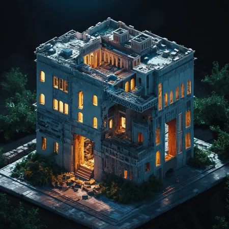 breathtaking cinematic photo isometric style destroyed building, tilemapstyle, voxell, scenery, realistic,<lora:TileMapStyle_v1:0.85> . vibrant, beautiful, crisp, detailed, ultra detailed, intricate . 35mm photograph, film, bokeh, professional, 4k, highly detailed . award-winning, professional, highly detailed