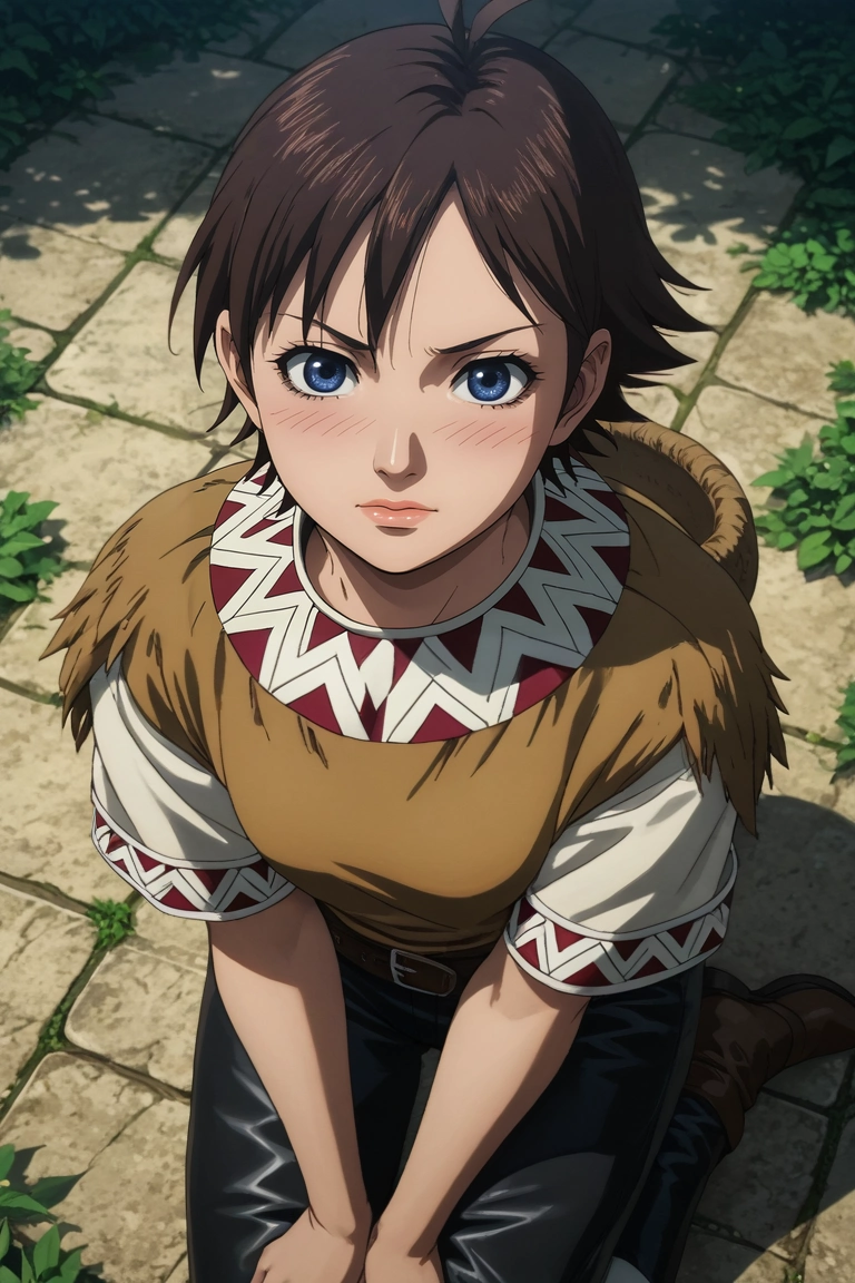 score_9, score_8_up, score_7_up, source_anime, rating_safe, intricate details, , looking at viewer, , 1girl, solo, <lora:he_liao_diao_pony:0.96>, he_liao_diao, brown hair, blue eyes, short hair, lips, from above, fantasy land, dark, knees up, embarrassed, nose blush, clothing cutout, leather pants, animal ears, tail, <lora:sdxl_lightning_8step_lora:1>