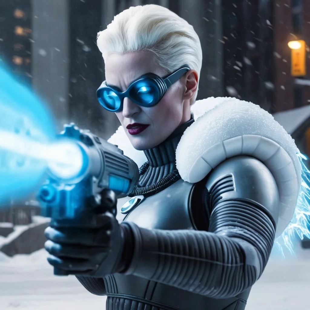 Hyperrealistic art of <lora:Mr. Freeze:1.2>
Mr. Freeze a blonde woman holding an ice gun with ice muzzle flash in a snow area In Gotham City, Extremely high-resolution details, photographic, realism pushed to extreme, fine texture, incredibly lifelike
