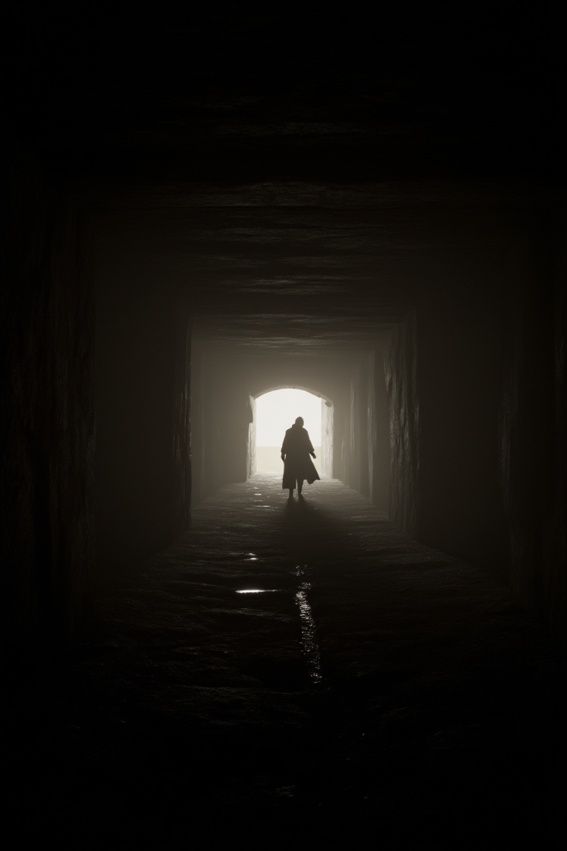 3DGame,The image depicts a solitary figure walking down a long, narrow corridor. The corridor is dimly lit, with a soft light source at the far end, casting a faint glow that barely penetrates the darkness. The walls on either side are **** of rough, unfinished stone, and the ceiling is low, with exposed beams that run parallel to the floor. The floor appears to be **** of uneven stone slabs, and there are puddles of water scattered along the path, reflecting the minimal light.
The figure is dressed in a long coat or robe, and their head is slightly bowed as they walk. Their identity is obscured by the angle and the lighting, adding a sense of mystery to the scene. The overall atmosphere is one of isolation and quiet, with the figure's solitary presence emphasizing the emptiness of the corridor. The image evokes a sense of journey or exploration, with the figure moving towards the light at the end of the passage, which could symbolize hope, discovery, or an unknown destination.