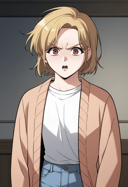 source_anime,anime screencap, anime coloring,intricate details,rating_explicit, masterpiece, best quality,
(best quality, absurd res, ultra detailed),,(4 finger:0.5),1girl, ((solo)), good eyes,perfect eyes,,detailed eyes, zPDXLxxx , zPDXL3, OverallDetail,detailed, detailed face
BREAK
solo,indoors,standing,front view,
shinyoosung, short hair, blonde hair, brown eyes, white shirt, open cardigan, blue pants, jeans, denim, long sleeves, upper body, angry, shouting,
, <lora:add-detail-xl:2> <lora:shin_yoosung-02:1>