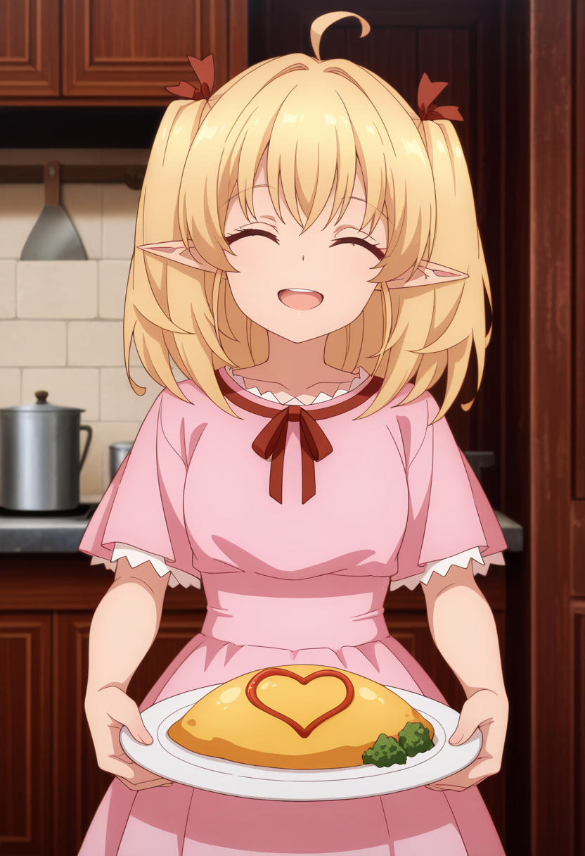anime screencap, masterpiece, best quality,
<lora:YamiHealer_Lily_IlluXL:0.9>,
1girl, solo, open mouth, smile, ^ ^,
two side up, ahoge, medium hair, blonde hair, closed eyes, pointy ears, hair ribbon,
medium dress, pink dress, dress ribon, red ribbon, short sleeves,
holding plate, omurice,
standing, looking at viewer, cowboy shot,
indoors, kitchen, medieval, photo background, blurry background