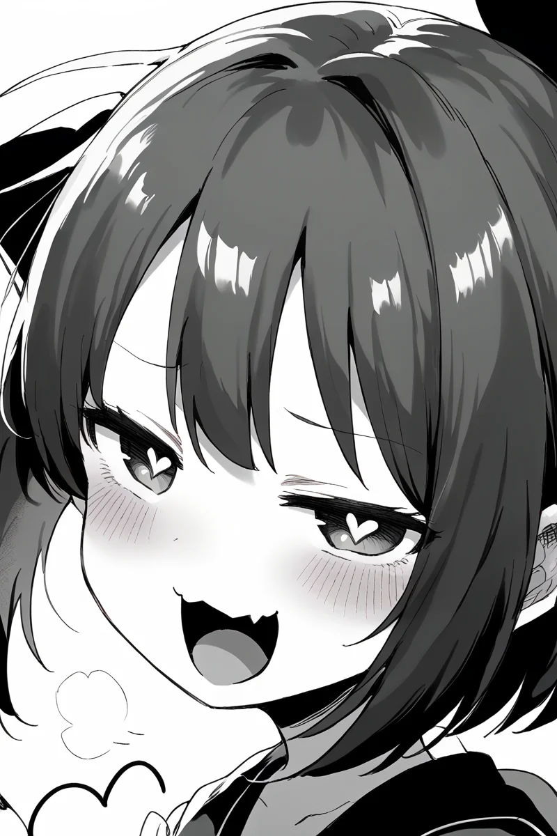 score_9, score_8_up, score_7_up, score_6_up,
 <lora:Kihyahya:1> kihyahya, 1girl, greyscale, monochrome, solo, symbol-shaped pupils, fang, heart-shaped pupils, blush, heart, open mouth, half-closed eyes, close-up