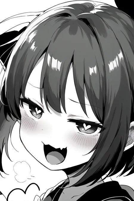 score_9, score_8_up, score_7_up, score_6_up,
<lora:Kihyahya:1> kihyahya, 1girl, greyscale, monochrome, solo, symbol-shaped pupils, fang, heart-shaped pupils, blush, heart, open mouth, half-closed eyes, close-up