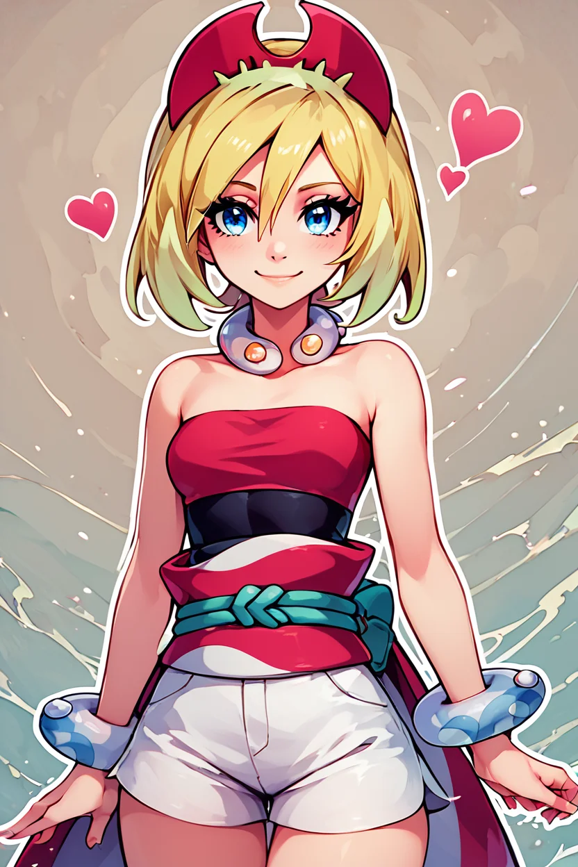 score_9, score_8_up, score_8, medium breasts, (curvy), cute, eyelashes, BREAK, , zzIrida, blonde hair, blue eyes, short hair, bangs, hair between eyes, red hairband, bracelet, neck ring, red shirt, sash, solo, strapless shirt, white shorts, waist cape, <lora:Irida_Pokemon_PDXL_Citron:0.8>, BREAK, smile, looking at viewer, ,,, abstract background, white outline, cowboy shot, ,,, embedding:zPDXL, Expressiveh, ,,, <lora:CatalystStylePDXL:0.6>, <lora:SDXLFaeTastic2400:0.5>, <lora:Expressive_H-000001:0.4>,