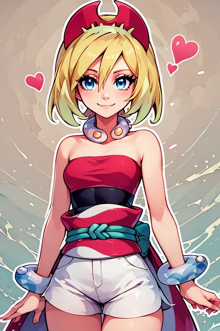 score_9, score_8_up, score_8, medium breasts, (curvy), cute, eyelashes, BREAK, , zzIrida, blonde hair, blue eyes, short hair, bangs, hair between eyes, red hairband, bracelet, neck ring, red shirt, sash, solo, strapless shirt, white shorts, waist cape, <lora:Irida_Pokemon_PDXL_Citron:0.8>, BREAK, smile, looking at viewer, ,,, abstract background, white outline, cowboy shot, ,,, embedding:zPDXL, Expressiveh, ,,, <lora:CatalystStylePDXL:0.6>, <lora:SDXLFaeTastic2400:0.5>, <lora:Expressive_H-000001:0.4>,