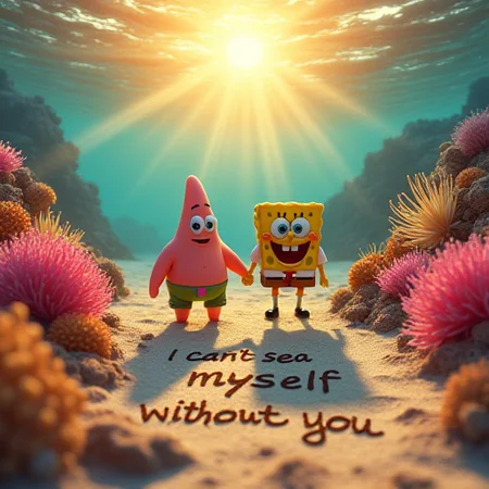 A whimsical underwater sunset scene with Patrick Star and SpongeBob SquarePants holding hands, walking through a magical coral garden blooming with vibrant pink and yellow flowers. Delicately etched in the wet sand, the playful text reads: 'I can't sea myself without you'. Soft golden light filtering through ocean waters, creating a dreamy, romantic atmosphere. Delicate sea anemones swaying gently, symbolizing their deep friendship and love. Pastel color palette, impressionistic style, soft focus, cinematic composition with warm, glowing lighting.