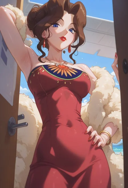 score_9, score_8_up, score_7_up, PMSAL, brown hair, single hair bun, low hair bun, bangs, sidelocks, lipstick, blue eyes, breasts, nail polish, earrings, strapless dress, red dress, bracelet, feather boa, red high heels, looking at viewer, facing viewer, armpits, from below, upper body, close-up, BREAK indoors, blue sky, day, sunlight, on yacht, party,