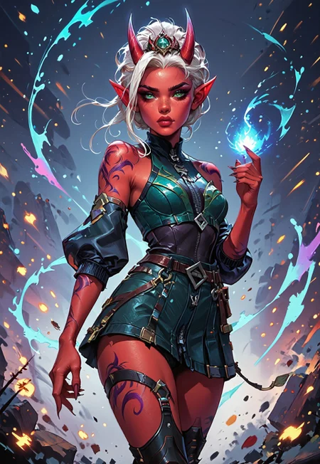 ((zPDXL3)), ((masterpiece,best quality, highly detailed)), ((score_9)), score_8_up, score_7_up, score_6_up, score_5_up, score_4_up, Digital painting style, brushstrokes, ((EnhanceImage)), solo, 1girl, SDZyra, demon girl, red skin, asymmetrical bangs, white hair, hair ornament, horns, green eyes, makeup, pointy ears, crop top, bare shoulders, open jacket, skirt, asymmetrical legwear, knee pad, boots, zipper, tattoos, Expressiveh, 30yo, adult lustful confident woman, petite, slender body, perky saggy natural breasts, full lips, bangs, sidelocks, straps,
chinese magical sorceress, animated, swirling magic, wisps of magic, dancing pose, tight squeezed outfit, magical accessories, evoking motion, conveying motion, dynamic splash art,
<lora:PainterlyFantasiaPDXL:0.6>,