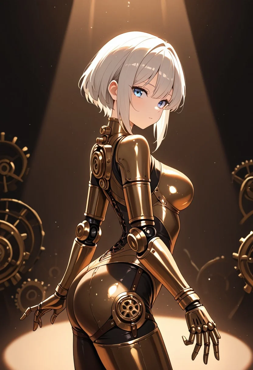 masterpiece, best quality, good quality, very aesthetic, absurdres, newest, 8K, depth of field, in the style of cknc, artist:moriimee, in the style of cksc,
1girl, short platinum hair, sleek, blue eyes, medium breasts, perky, metallic bodysuit, jointed limbs, glossy skin, performing pirouette, looking at viewer, from side
BREAK
steampunk theater, gears turning, spotlight shining
BREAK
warm light, bronze tones, high contrast, dramatic shadows, rich details, elegant atmosphere