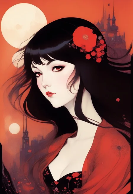 ,tj,LocationInformation,in the style of 2d game art,characterized girl,dmitry vishnevsky, black and red,cute and dreamy,editorial illustrations,kawai girl ,detailed drawing,