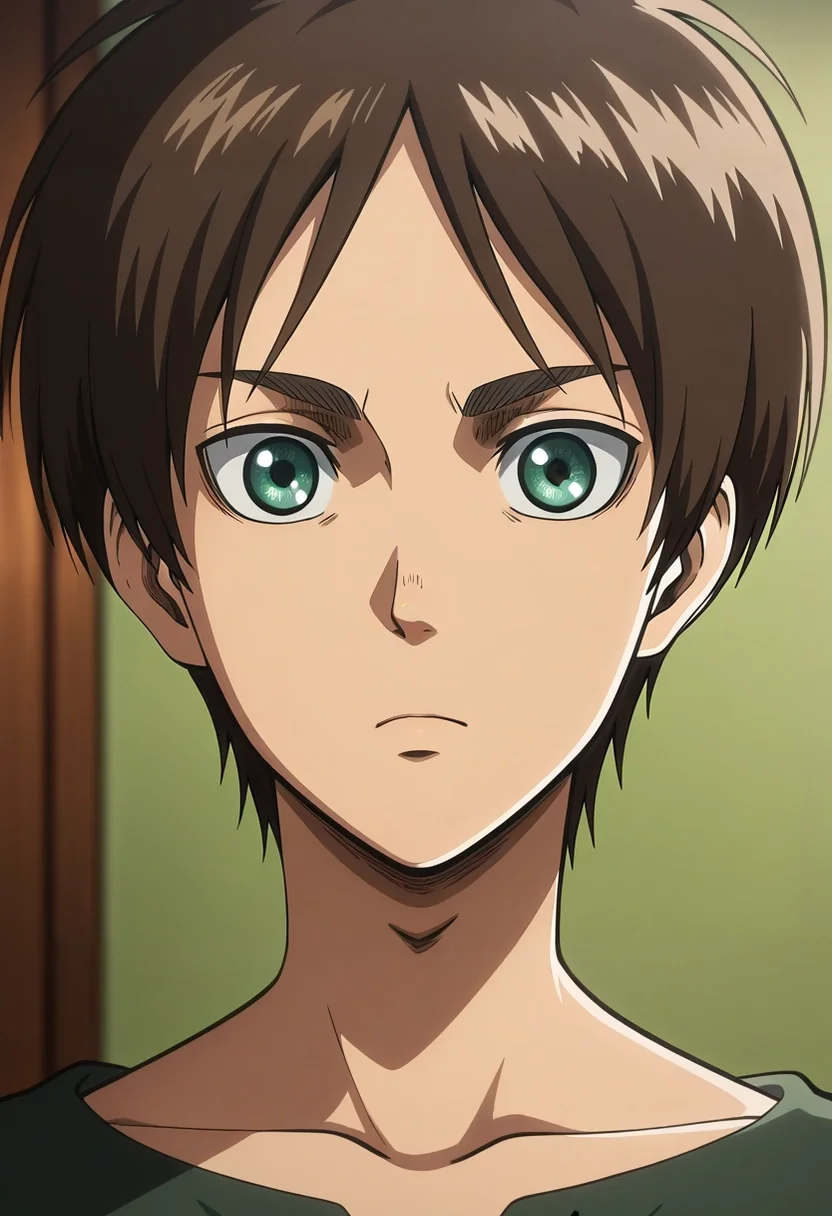 masterpiece, best quality, , anime screencap, , official style, looking at viewer, depth of field, 1boy, solo, male focus, <lora:eren_yeager_ilxl:0.88>, eren_yeager, brown hair, green eyes, ,