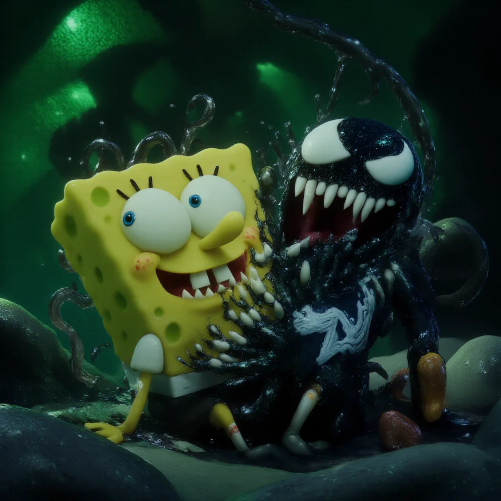 Spongebob Squarepants being overtaken by a Venom symbiote, his sponge texture morphing into glossy black with white tendrils spreading across his porous body. His eyes glow ominously, and sharp jagged Venom teeth replace his usual smile. Gary the Snail sits nearby, his eyes wide with horror and his shell gleaming under the dramatic cinematic lighting. The setting is a dimly lit underwater cave with eerie green bioluminescence reflecting off the water and rocky surfaces. Artistic style: 3D render, cinematic lighting, hyper-detailed textures, inspired by photorealistic animation and Venom comic aesthetics.
<lora:aidmaMJ6.1_v0.5_3:0.7> aidmaMJ6.1 <lora:SpongeBobFlux:1> <lora:venomizedFlux:1>