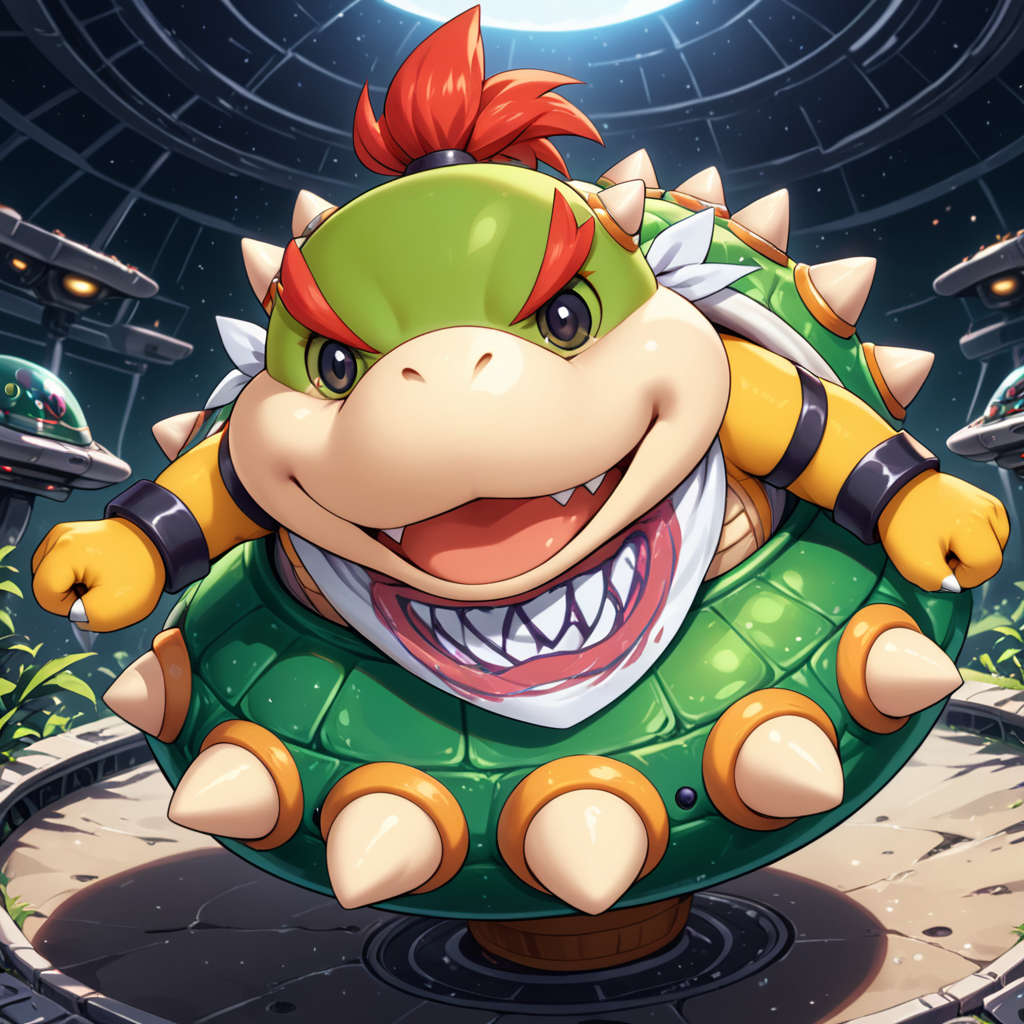 from above,   <lora:Bowser_Jr_XL:.9> bwsrjr, open mouth, teeth, standing on green cup ufo spiked, black pupils, (anime, masterpiece, intricate:1.3), (best quality, hires textures, high detail:1.2), (4k),(incredibly detailed:1.4),UHD, 8K, ultra detailedâââ