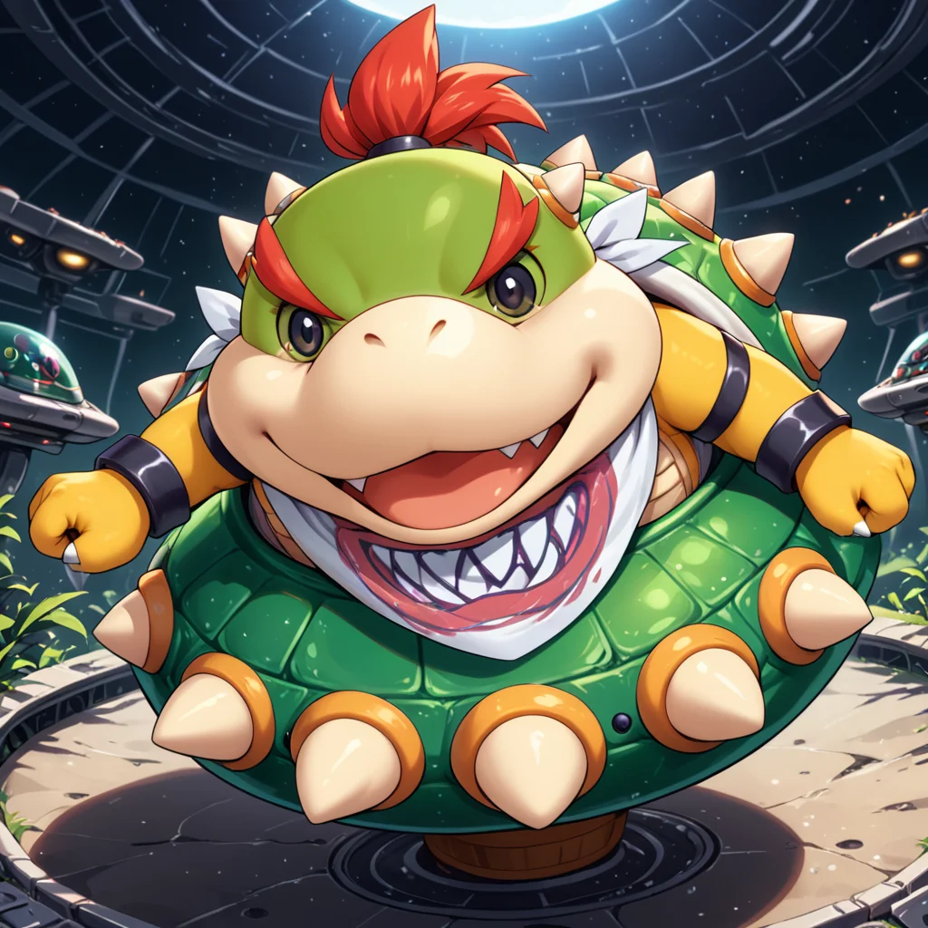 from above, <lora:Bowser_Jr_XL:.9> bwsrjr, open mouth, teeth, standing on green cup ufo spiked, black pupils, (anime, masterpiece, intricate:1.3), (best quality, hires textures, high detail:1.2), (4k),(incredibly detailed:1.4),UHD, 8K, ultra detailedâââ