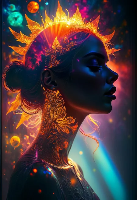 Complex background, sun, sunlight, wonder, ethereal magical atmosphere, dynamic, girlfriend, 1 girl, haute couture, vivid, backlight colors, silhouette colors, cosmic frame, black background, portrait, photo, closed eyes, cinematic perfect, intricate, stunning fine details,
ultra-sharp, exquisite details, flawless composition, vivid colors, masterpiece, exciting background. , High Definition HD, high details, perfect composition,
best quality, ultra-detailed, very aesthetic, illustration, perfect composition, intricate details, absurd, atmospheric lighting, streaks of light, vibrant colors, very detailed, midjourneyv6.1, detail background, perfection, double exposure, Jed-dblexpsre effect