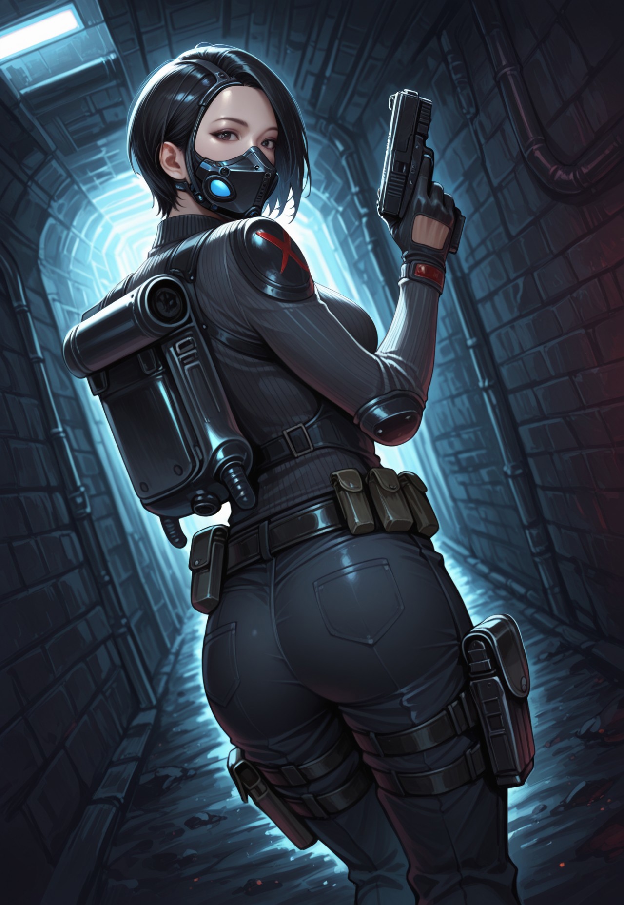 masterpiece, best quality, detailed, realistic, from behind, dutch angle, confused, 1girl, solo, Yamata, short hair, black hair, mask, sweater, elbow pads, gloves, pants, belt, pouch, thigh holster, backpack, looking back at viewer, holding gun, underground, sewer, brick walls, dim lighting,