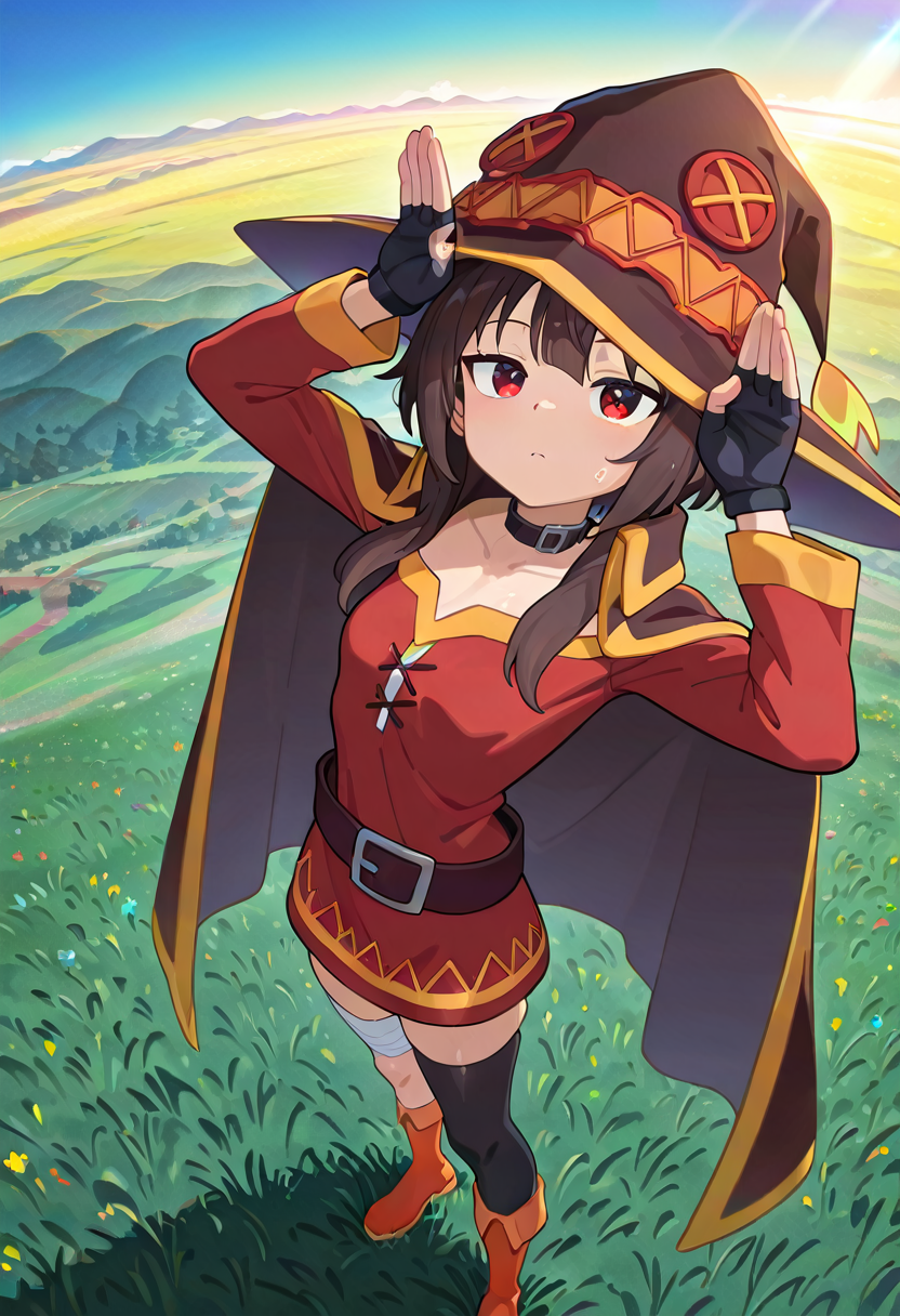 1girl, megumin, red eyes, short hair with long locks, brown hair,
red dress, black choker, fingerless gloves, belt, black gloves, single thighhigh, black thighhighs, bandaged leg, boots, collar, cape, witch hat, 
rabbit pose, 
perspective, 
looking at viewer, looking up, 
dynamic pose, arched back, standing, 
from above, dutch angle, 
outdoors, grass, sky, 
colorful, shiny skin, 
masterpiece, best quality, amazing quality, very aesthetic, absurdres, newest, scenery, (volumetric lighting:1.1), depth of field <lora:Rabbit_pose:1>